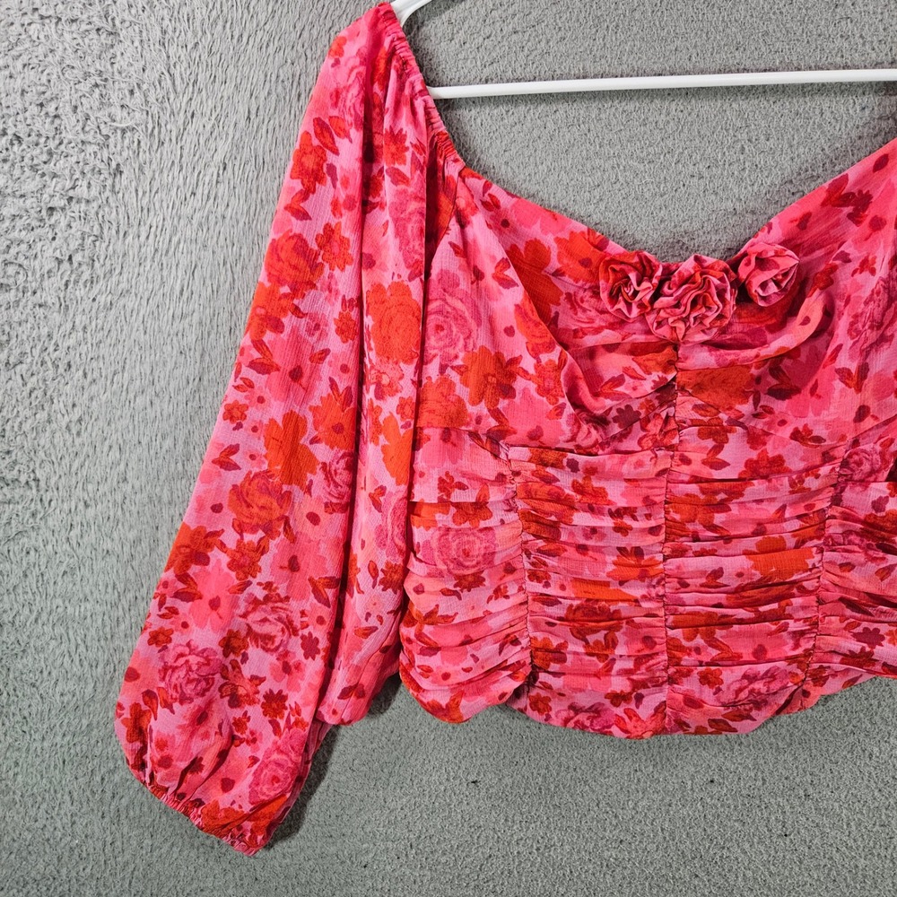 Free People Pink Floral Rosette Ruched Crop Top Long Balloon Sleeve Womens L - Picture 2 of 10